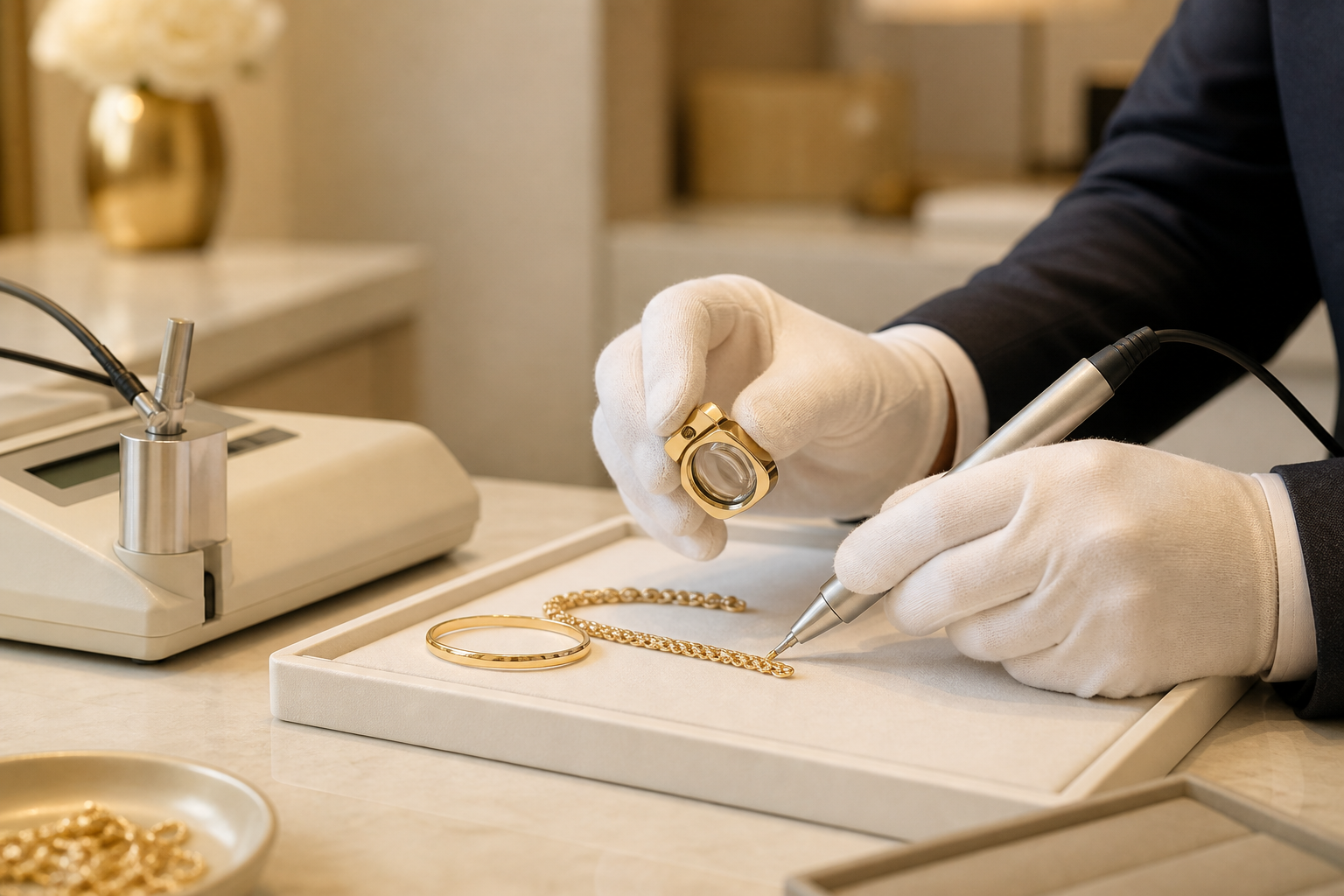 Professional gold valuation using calibrated testing equipment