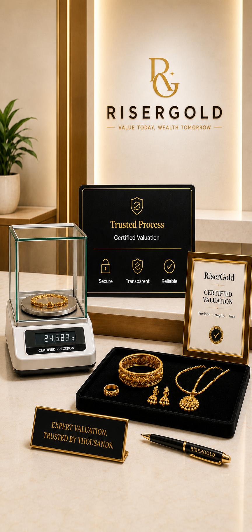 RISERGOLD certified gold valuation display with a precision scale, jewellery and certification
